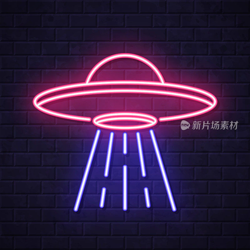 UFO -有光束的飞碟。在砖墙背景上发光的霓虹灯图标